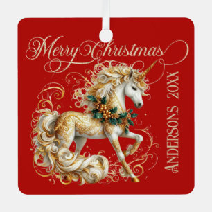 Elegant White & Gold Christmas Unicorn Metal Tree Decoration