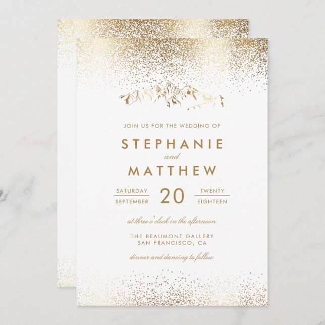 Elegant White & Gold Confetti Mountain Wedding Invitation (Front/Back)