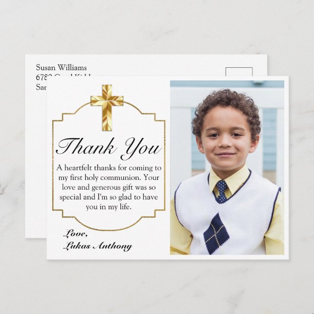 Elegant White Gold Cross 1st Communion Thank You Postcard (Front/Back)