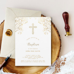 Elegant White Gold Cross Baptism Invitation