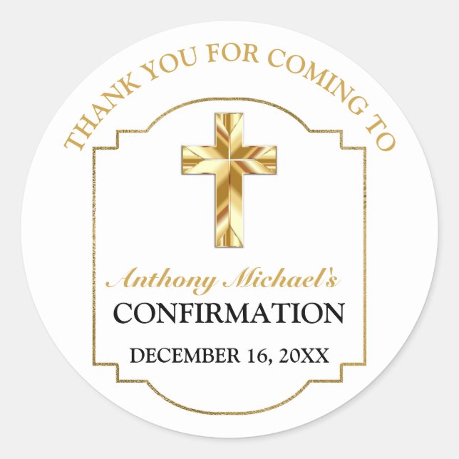 Elegant White Gold Cross Boys Confirmation Classic Round Sticker (Front)