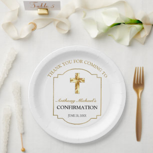 Elegant White Gold Cross Boys Confirmation  Paper Plate