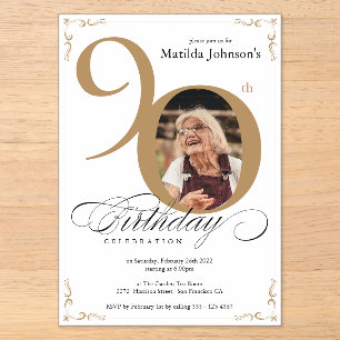 Elegant White Gold Custom Photo 90th Birthday Acrylic Invitations