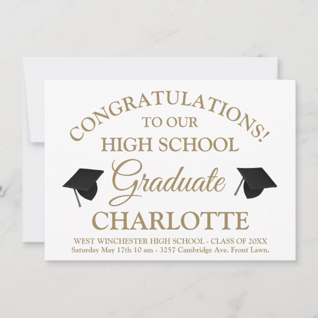 Elegant white gold custom script text graduation invitation (Front)