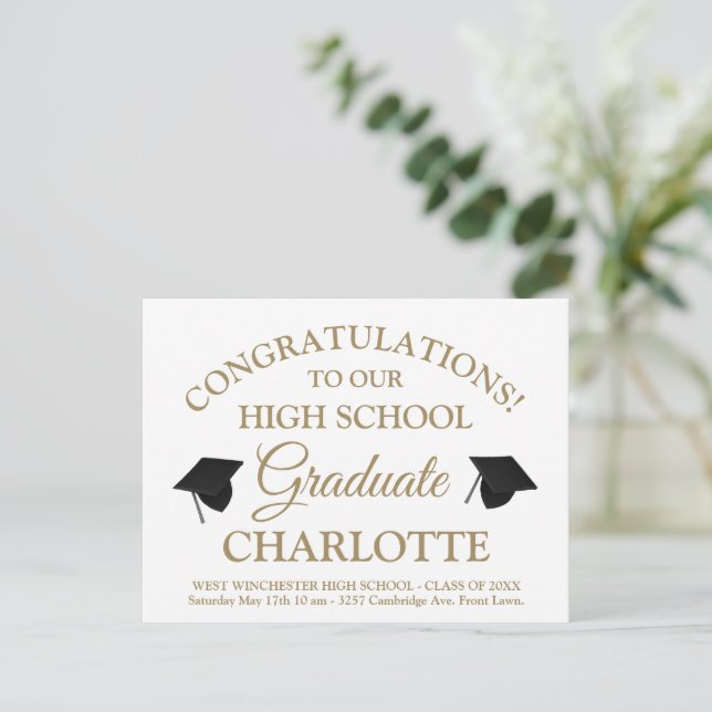 Elegant white gold custom script text graduation postcard (Standing Front)