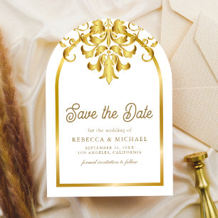 Elegant White Gold Damask Wedding Photo Save The Date