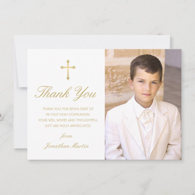 Elegant White Gold First Communion Photo Thank You Invitation (Front)