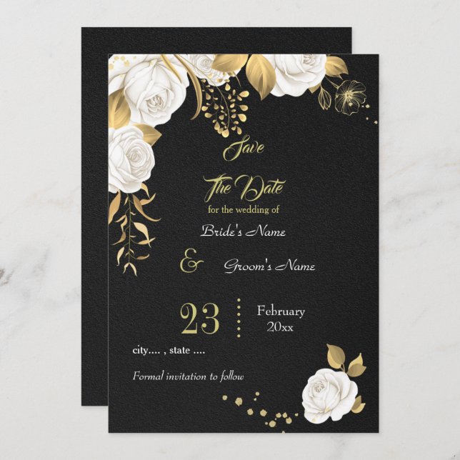 elegant white gold floral black save the date (Front/Back)