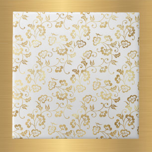 Elegant White Gold Floral Ceramic Tile