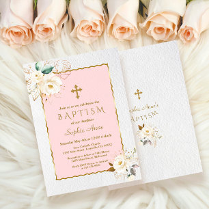 Elegant White Gold Floral Cross Girl Baptism  Invitation