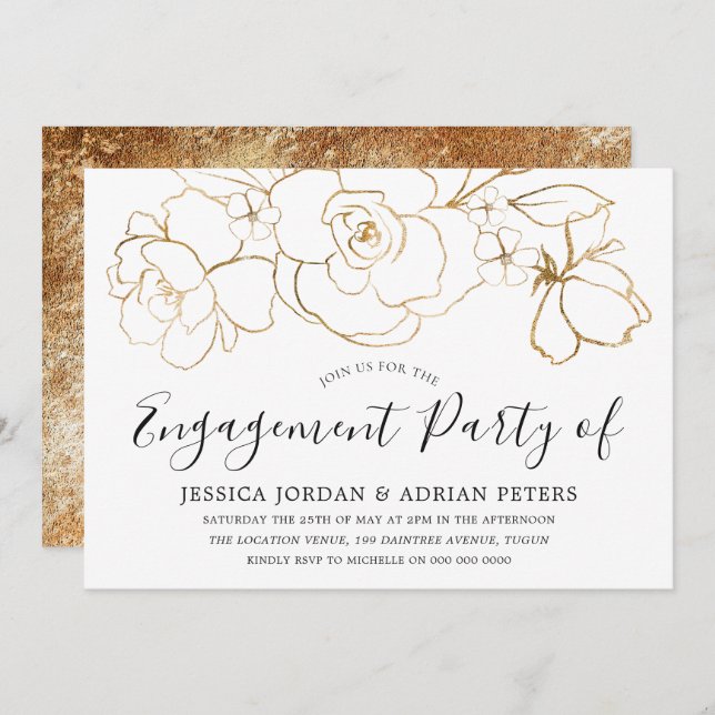 Elegant White & Gold Floral Engagement Party Invitation (Front/Back)