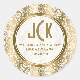 Elegant White & Gold Floral Lace Damasks Pattern Classic Round Sticker