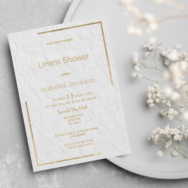Elegant white gold floral lace Linens Shower  Invitation (Elegant white gold floral lace Linens Shower )