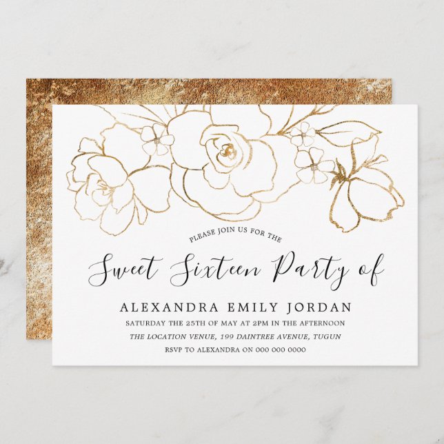 Elegant White & Gold Floral Modern Sweet 16 Party Invitation (Front/Back)