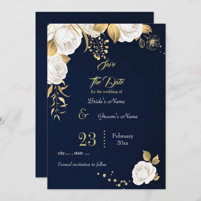 elegant white gold floral navy save the date (Front/Back)