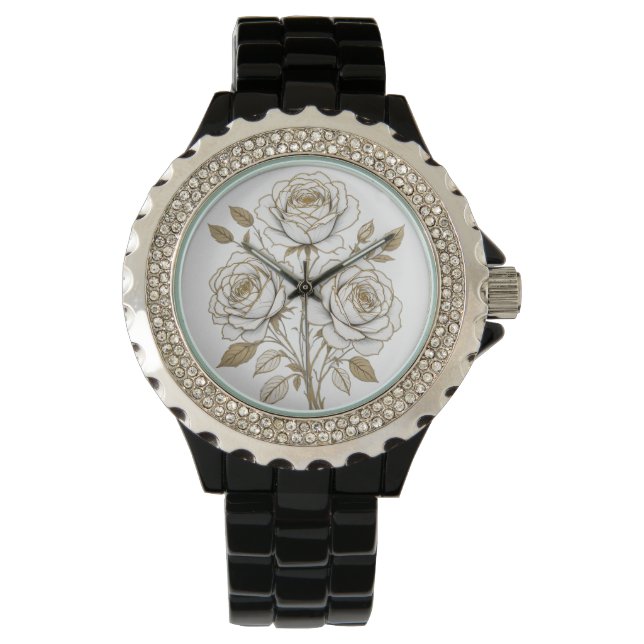 Elegant White & Gold Floral Rose Watch – Luxury Bo (Front)