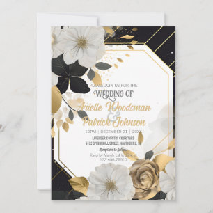 Elegant White Gold Floral Wedding Black Frame Invitation