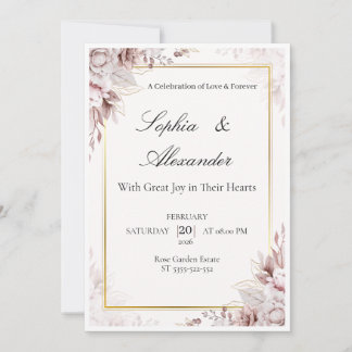 Elegant White Gold Floral Wedding Invitation Templ