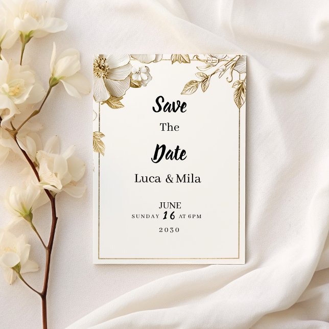 Elegant white gold flower typography Save the Date Invitation (Elegant white gold flower typography Save the Date)