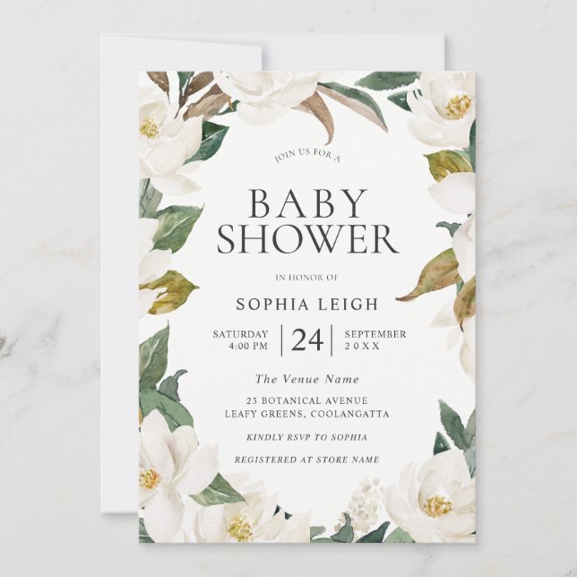 Elegant White Gold Flowers Boy or Girl Baby Shower Invitation (Front)