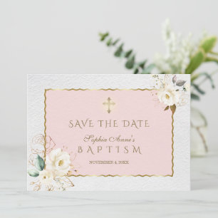 Elegant White Gold Flowers Cross Girl Baptism Save The Date