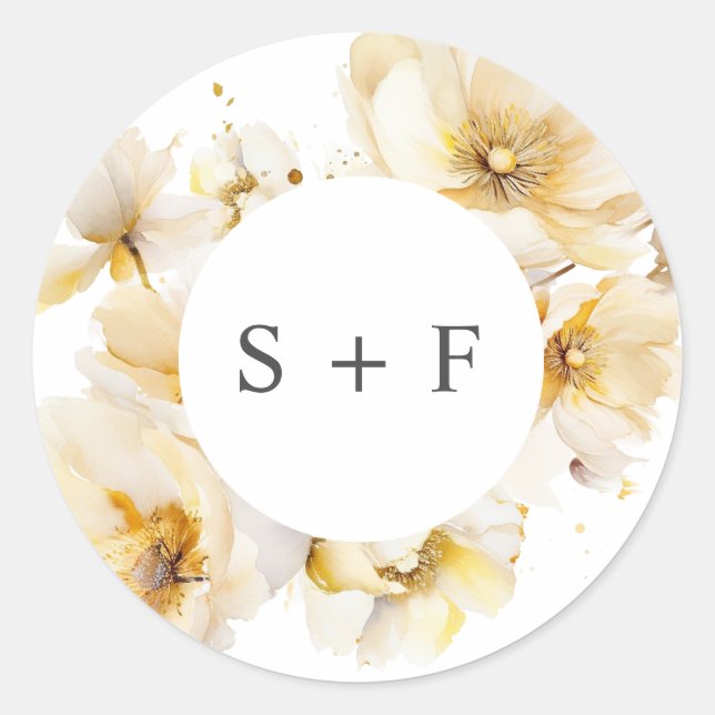 Elegant White Gold Flowers Initials Wedding Classic Round Sticker (Front)