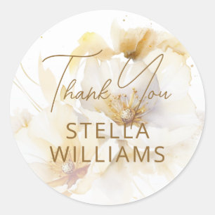 Elegant White Gold Flowers Thank You Classic Round Sticker