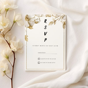 Elegant white gold flowers typography RSVP Invitation