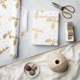 Elegant White & Gold Foil Christmas Holly Pattern Wrapping Paper