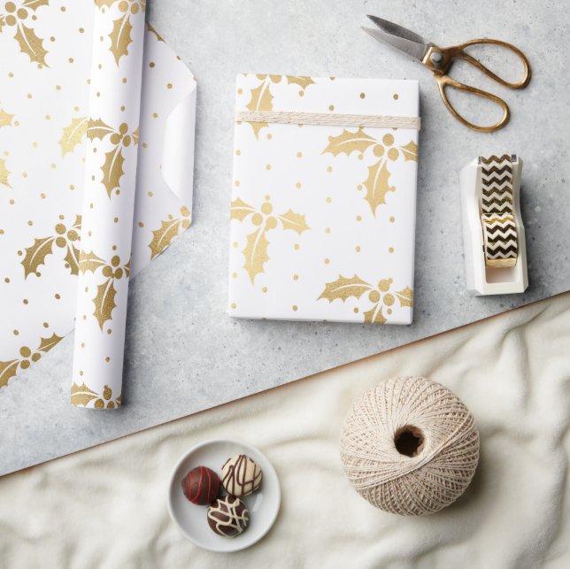 Elegant White & Gold Foil Christmas Holly Pattern Wrapping Paper (Crafts)