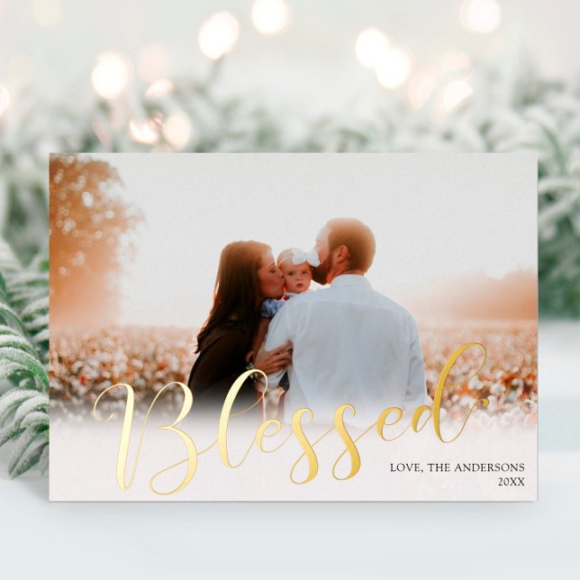 Elegant white gold foil photo Blessed Christmas Holiday Card (Creator Uploaded)