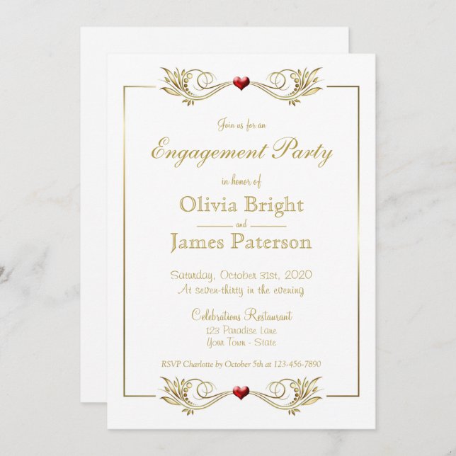 Elegant White Gold Frame Heart Engagement Party Invitation (Front/Back)