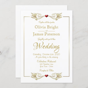 Elegant White Gold Frame Red Heart Wedding Invitation
