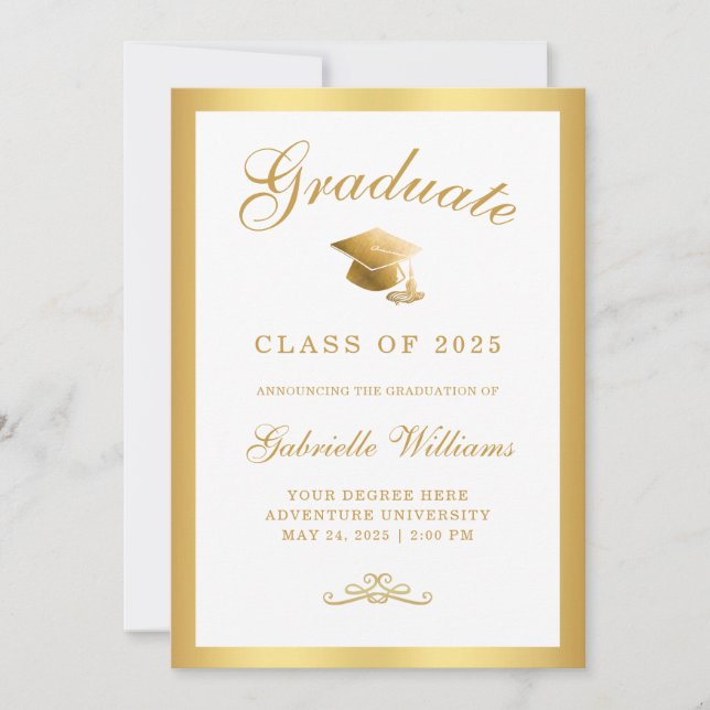 Elegant White Gold Frame Script Graduation Announcement (Front)