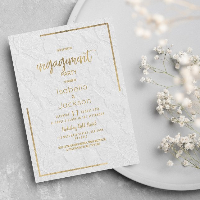 Elegant white gold french floral lace Engagement Invitation (Elegant white gold french floral lace Engagement Invitation)