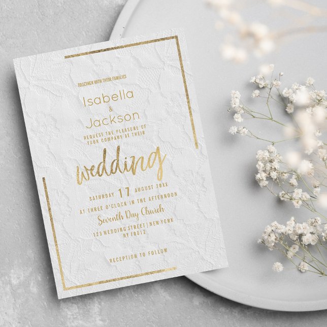 Elegant white gold french floral lace Wedding Invitation (Elegant white gold french floral lace Wedding Invitation)