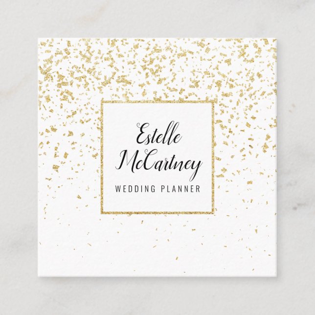 Elegant white gold glitter chic wedding planner square business card (Front)