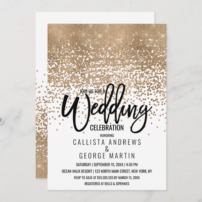 Elegant White Gold Glitter Confetti Ombre Wedding Invitation (Front/Back)