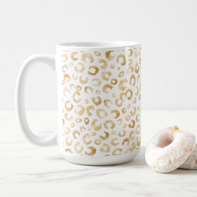 Elegant White Gold Glitter Leopard Animal Print Coffee Mug (With Donut)