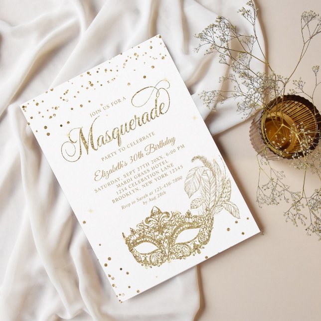 Elegant White Gold Glitter Masquerade Birthday Invitation (Creator Uploaded)