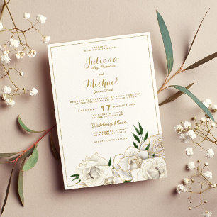 Elegant white gold glitter roses floral Wedding  Invitation