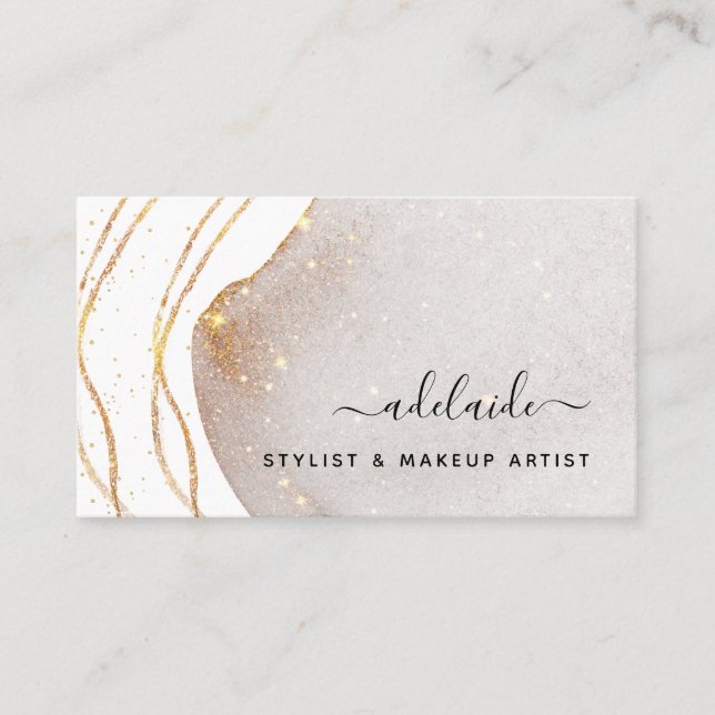 Elegant White Gold Glitter Signature Script Agate Business Card (Front)