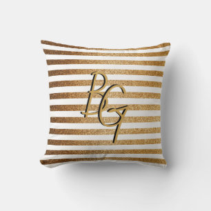 Elegant White Gold Glitter Stripe Monogram Cushion