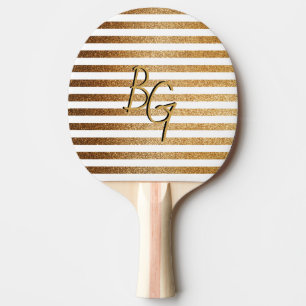 Elegant White Gold Glitter Stripe Monogram Ping Pong Paddle