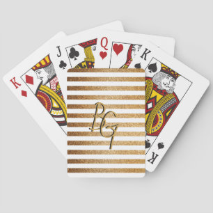 Elegant White Gold Glitter Stripe Monogram Playing Cards
