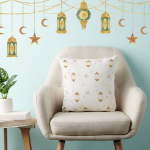 Elegant White Gold Lanterns Islamic Eid/Ramadan Cushion