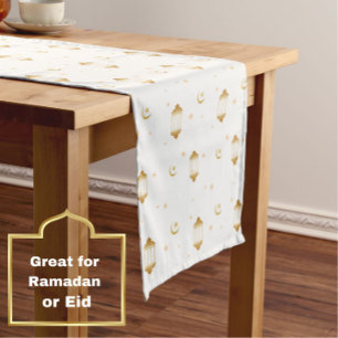 Elegant White Gold Lanterns Moon Islamic Eid Short Table Runner