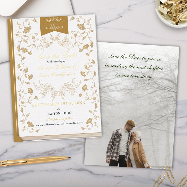 Elegant White Gold Library Wedding Save the Date (Elegant White and Gold Foil Wedding Save the Date Invitation Cards for Library Theme Wedding)