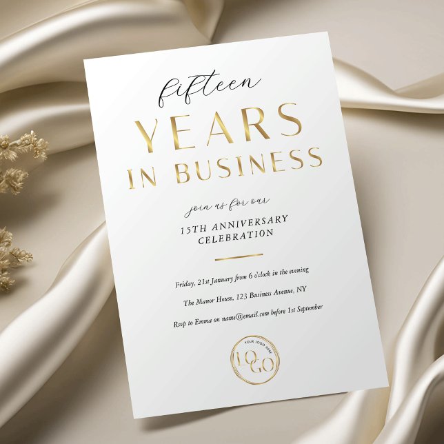 Elegant White & Gold Logo Business Anniversary Invitation (Creator Uploaded)