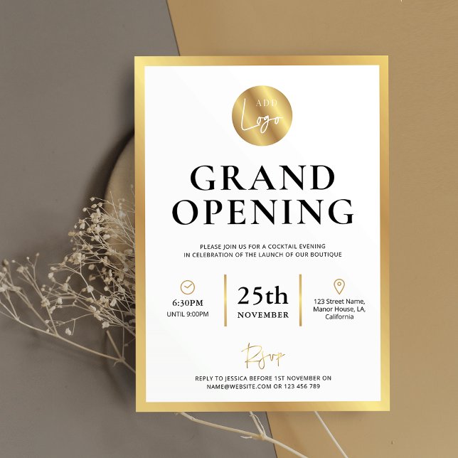 Elegant White Gold Logo New Business Opening Event Invitation (Elegant gold foil effect grand opening invitations with space for your logo and custom event details)